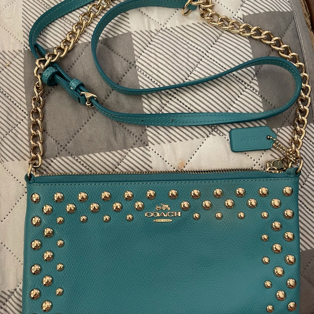 Coach teal blue gold studded crossbody